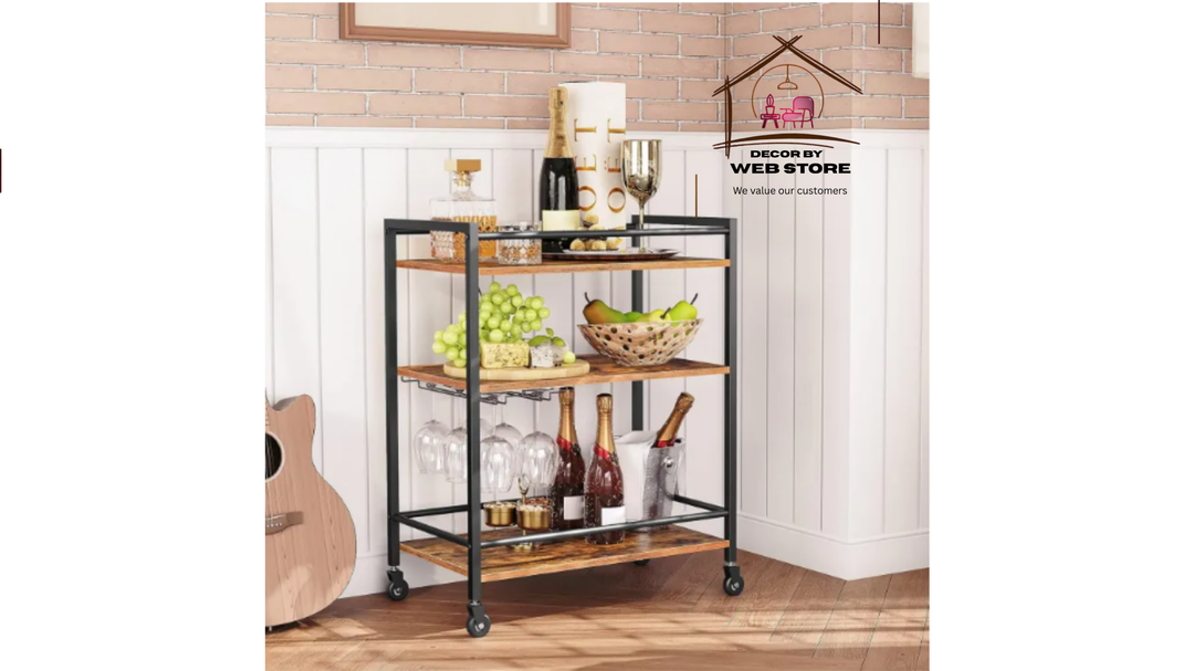 Rolling Kitchen Cart with Lockable Wheels, 25.2 x 15.7 x 33.3 Inches Beverage Cart with Storage Shelves, Rustic Brown without glass hanger