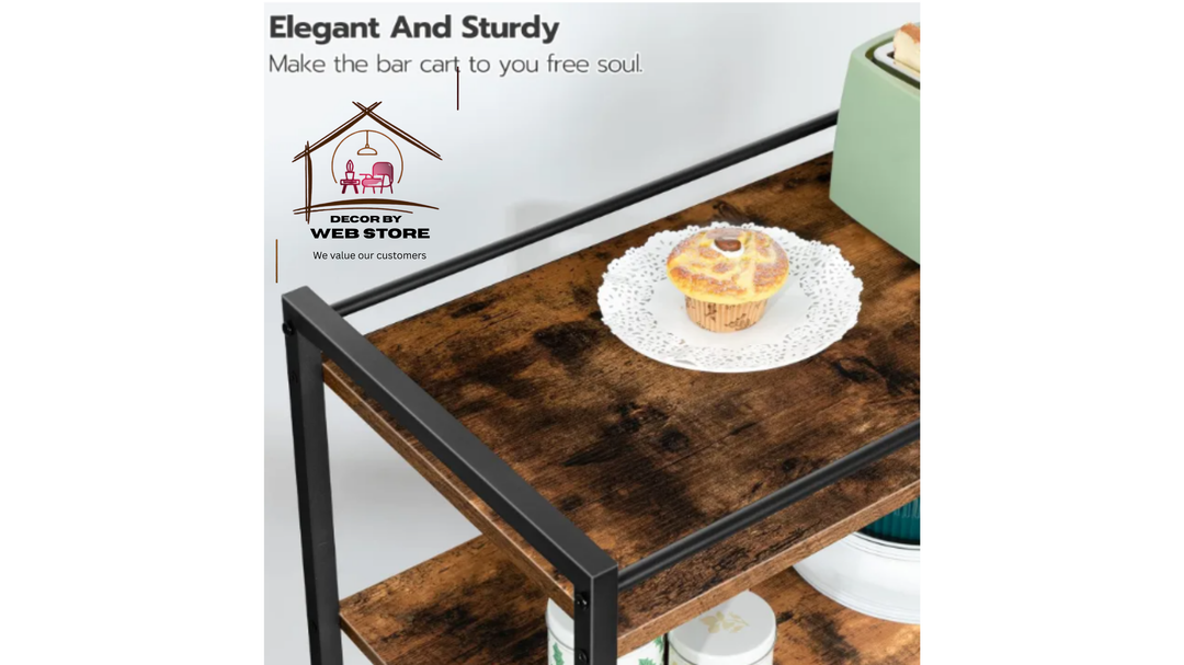 Rolling Kitchen Cart with Lockable Wheels, 25.2 x 15.7 x 33.3 Inches Beverage Cart with Storage Shelves, Rustic Brown without glass hanger