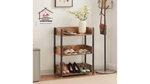 Load image into Gallery viewer, 3-Tier Shoe Rack,Black Metal Shoe Rack with Wooden Top Board,Modern Shoe Storage Organizer with 2 Metal Mesh Shelves,Each Tier Fits 3 Pairs of Shoes,for Entryway Living Room,Rustic Brown
