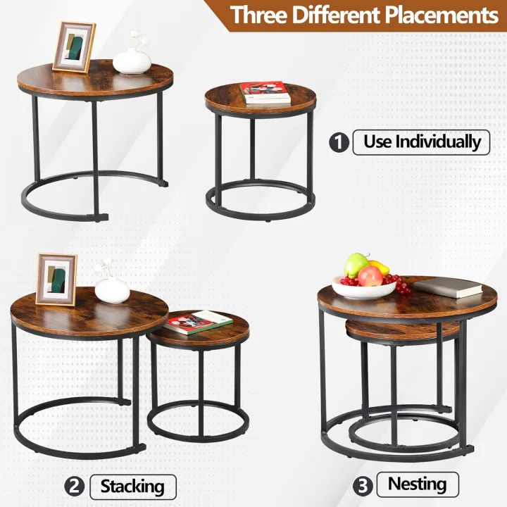 Small Round Coffee Tables for Living Room Apartment, Set of 2 Industrial Nesting Side End Table w/Wooden Surface Top and Sturdy Metal Legs Modern Table, Rustic Brown