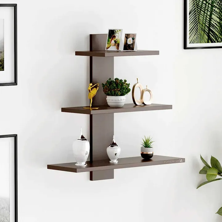 Wooden Wall Shelves for Living Room | for Home Decor Items | Floating Book Rack for Study Room, Office, Kitchen 3Tiers | Size- Standard | Colour- Brown