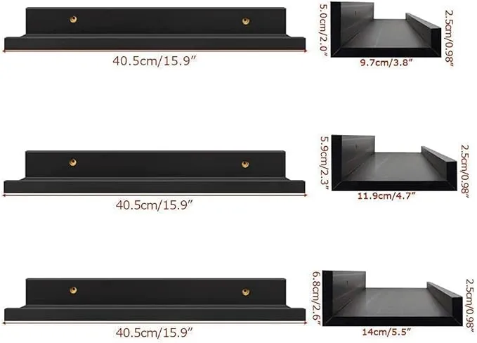 Decor by Webstore Midnight Series 16-Inch Floating Shelves – Set of 3 Modern Black Wall-Mounted Display Racks & Space-Saving Organizers
