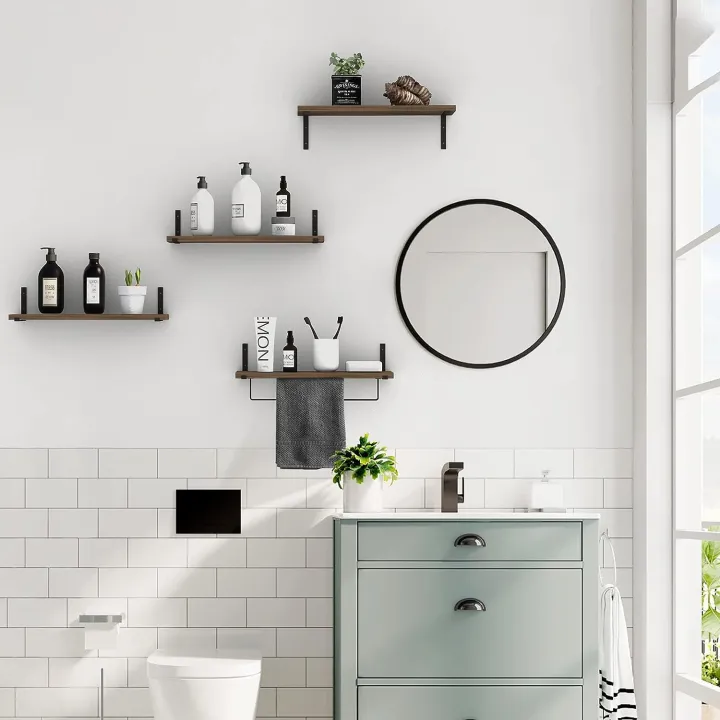 Floating Shelves Wall Mounted Set of 4, Bathroom Shelf with Towel Bar, Natural Rustic Wood Wall Shelves for Bedroom, Bathroom, Living Room, Kitchen Storage/Decoration