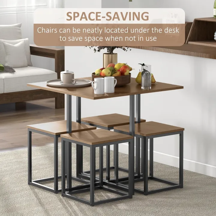 5 Piece Dining Table and Chairs Set 4, Industrial Space Saving Table and Chairs with Metal Frame, Square Kitchen Table and Stools for Dining Room, Brown