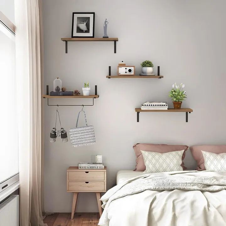 Floating Shelves Wall Mounted Set of 4, Bathroom Shelf with Towel Bar, Natural Rustic Wood Wall Shelves for Bedroom, Bathroom, Living Room, Kitchen Storage/Decoration