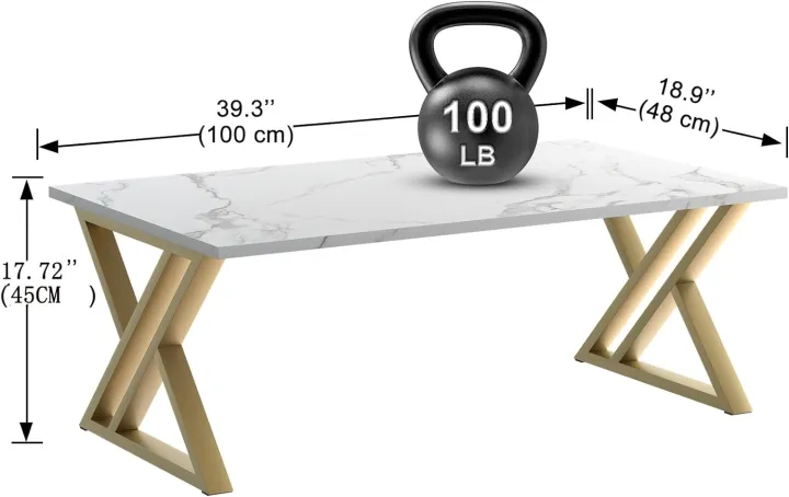 Coffee Table Living Room Table White Center Table, Simple Modern Faux Marble Rectangular Tea Table with Sturdy Gold-Finished Metal Frame,Industrial Wooden Coffee Table for Bedroom Home Office