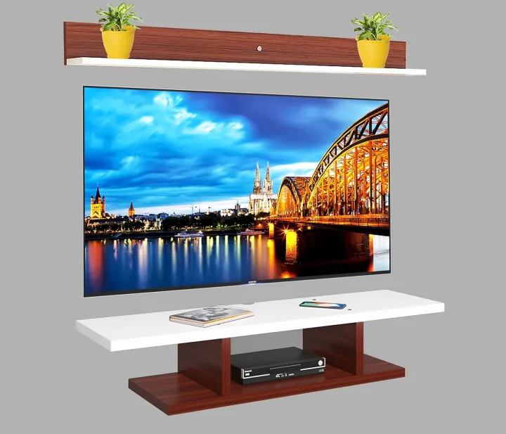 Engineered Wood TV Entertainment Unit Set Top Box Stand | TV Cabinet for Living Room with Wall Shelf Display Rack, Wall Mounted TV Unit - Ideal for Upto Size 32