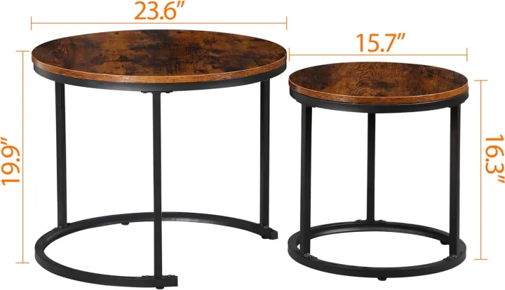 Small Round Coffee Tables for Living Room Apartment, Set of 2 Industrial Nesting Side End Table w/Wooden Surface Top and Sturdy Metal Legs Modern Table, Rustic Brown