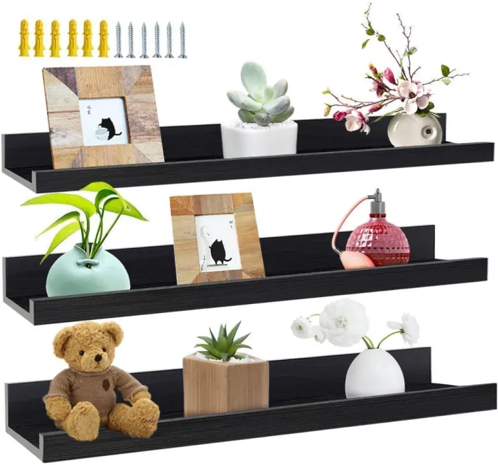 Decor by Webstore Midnight Series 16-Inch Floating Shelves – Set of 3 Modern Black Wall-Mounted Display Racks & Space-Saving Organizers