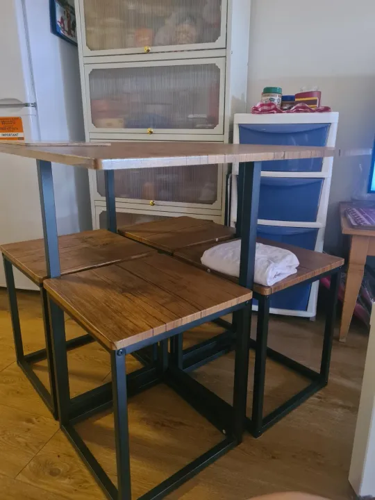 5 Piece Dining Table and Chairs Set 4, Industrial Space Saving Table and Chairs with Metal Frame, Square Kitchen Table and Stools for Dining Room, Brown