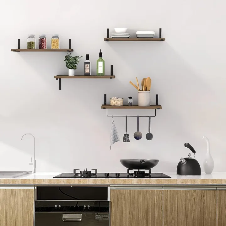 Floating Shelves Wall Mounted Set of 4, Bathroom Shelf with Towel Bar, Natural Rustic Wood Wall Shelves for Bedroom, Bathroom, Living Room, Kitchen Storage/Decoration