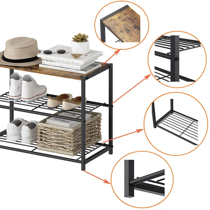 Decor by Webstore Urban-Entry 3-Tier Shoe Rack – Modern Metal Mesh Organizer with Rustic Brown Wooden Top Board for Entryway & Living Room