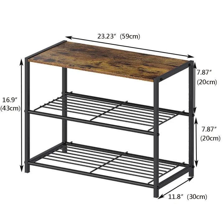 Decor by Webstore Urban-Entry 3-Tier Shoe Rack – Modern Metal Mesh Organizer with Rustic Brown Wooden Top Board for Entryway & Living Room