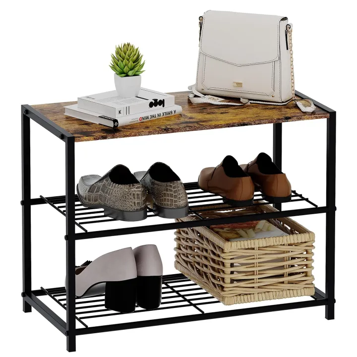 Decor by Webstore Urban-Entry 3-Tier Shoe Rack – Modern Metal Mesh Organizer with Rustic Brown Wooden Top Board for Entryway & Living Room