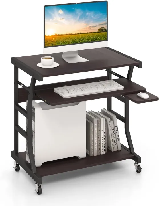 Computer Desk with Keyboard Tray, Portable Small Rolling Desk with Mouse Tray & Bottom Storage Shelf, Rolling Laptop PC Desk Cart with Lockable Wheels for Small Space (Brown)