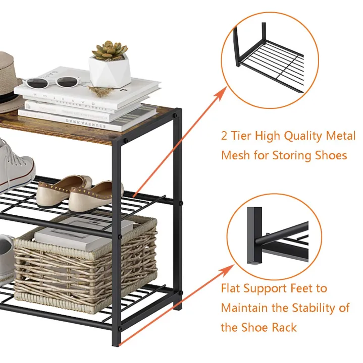 Decor by Webstore Urban-Entry 3-Tier Shoe Rack – Modern Metal Mesh Organizer with Rustic Brown Wooden Top Board for Entryway & Living Room
